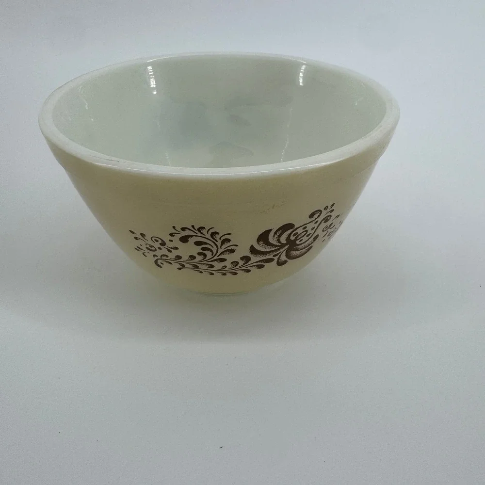 Vintage Pyrex Homestead Milk Glass 3 Piece Mixing Bowl Set in Box Brown Floral